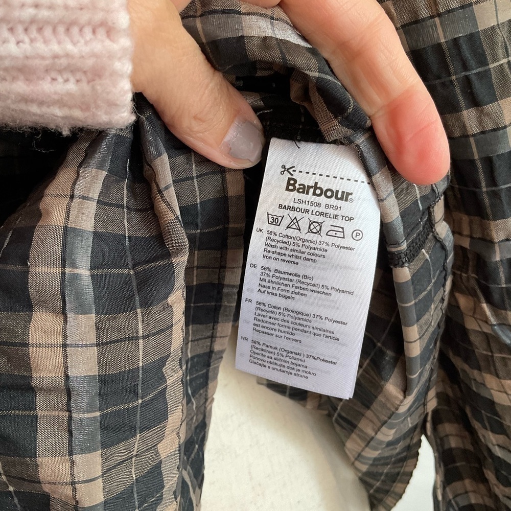 BARBOUR NWT Tan Plaid Shimmer 3/4 Sleeve Tie Neck Balloon Sleeve Peasant Top 12 - Picture 7 of 8